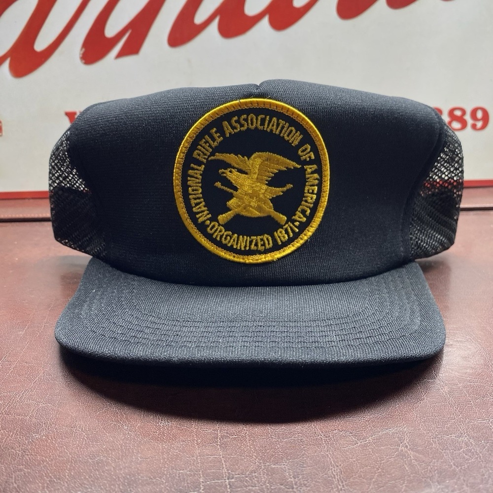 Vintage NRA 70s Trucker Hat Snapback Black Gold Leather Button USA Retro NOS